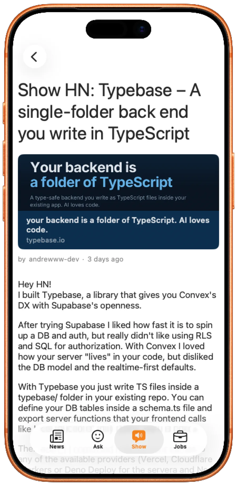 A story detail screen with comments