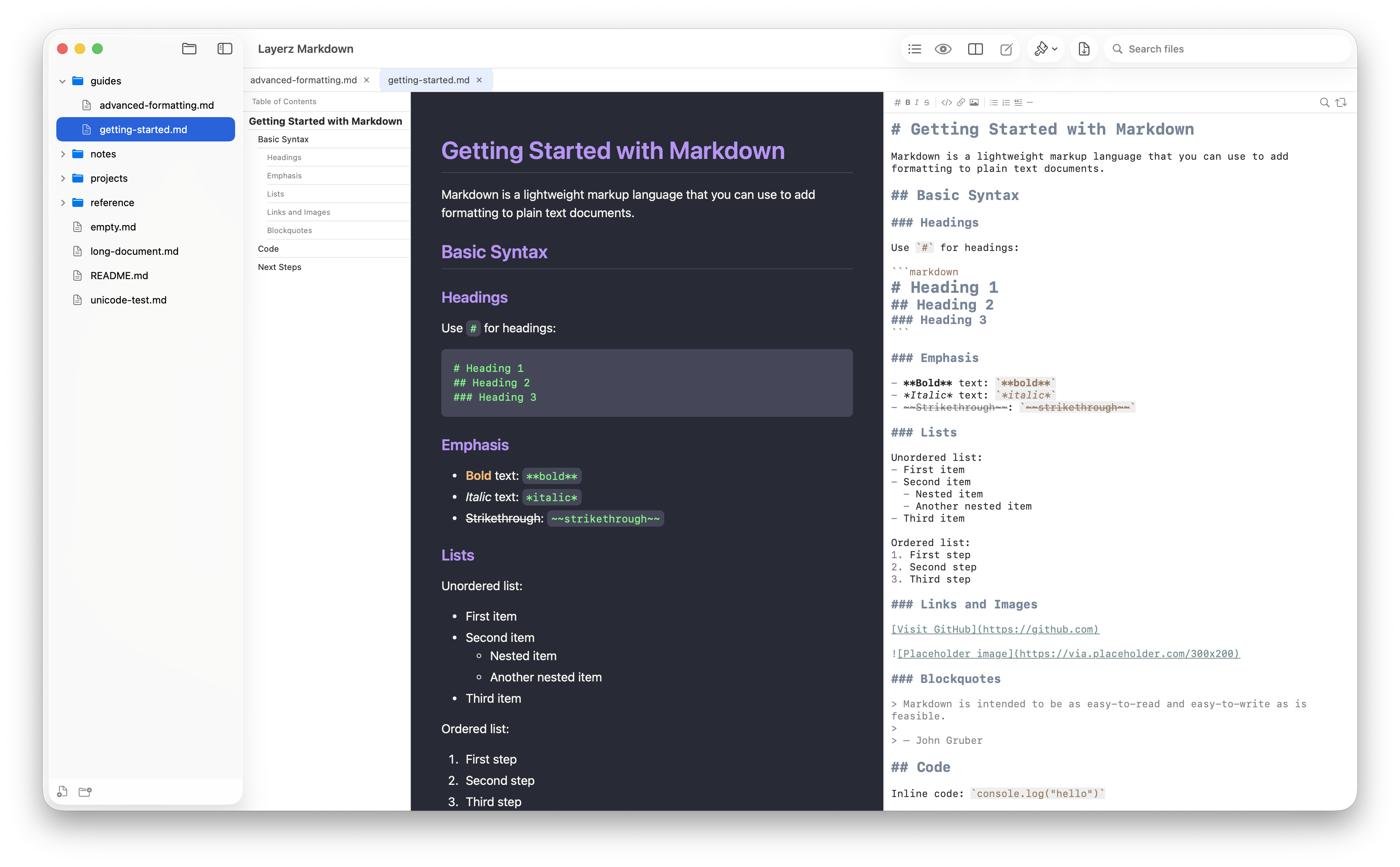 Layerz Markdown interface showing the viewer and editor
