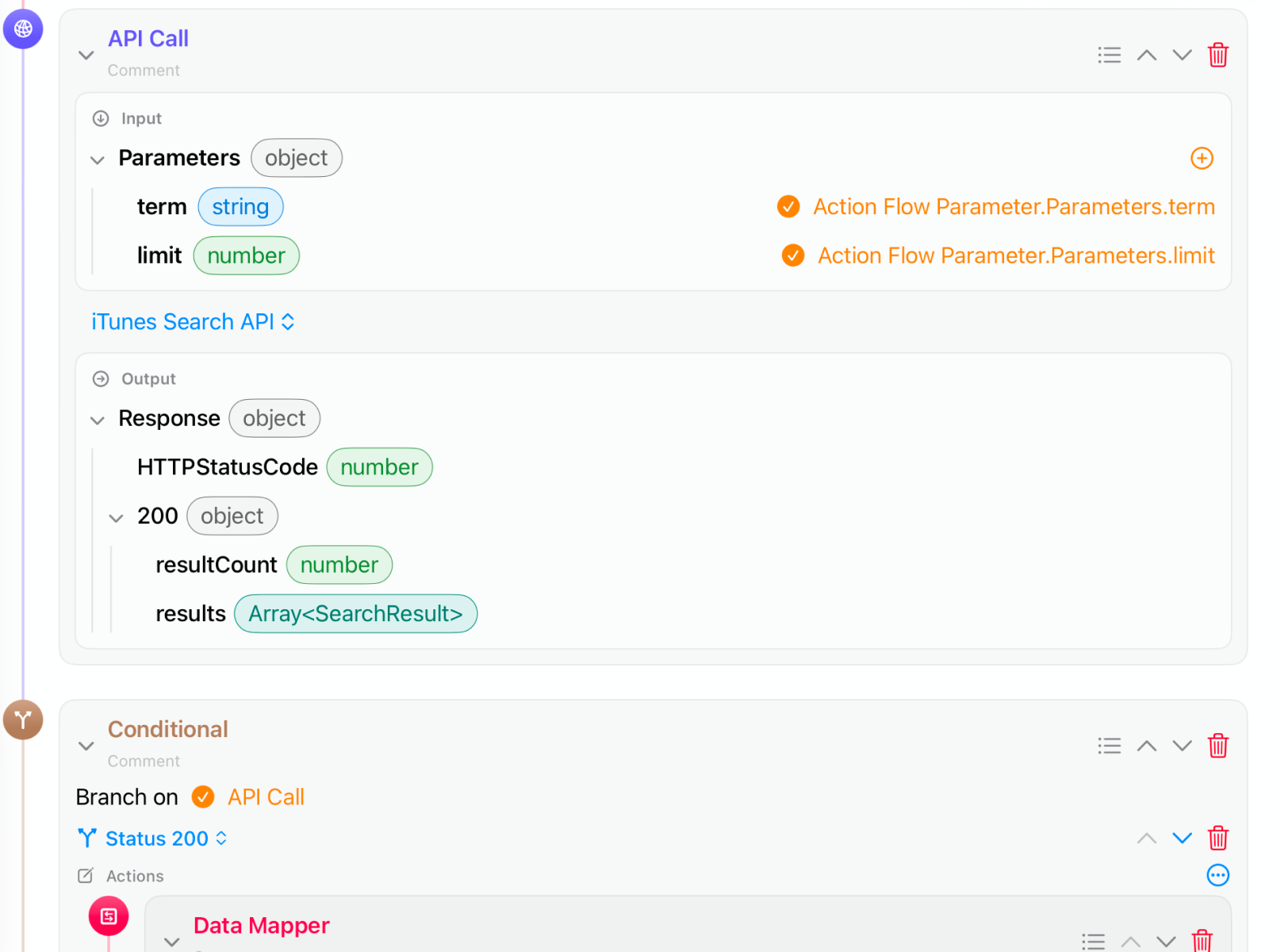 The Action Flow editor defining app behavior without code