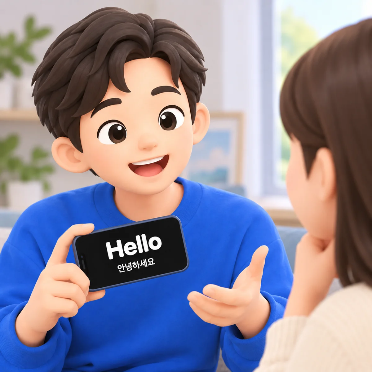 A person holding a phone toward a listener; the screen shows Hello and its Korean translation